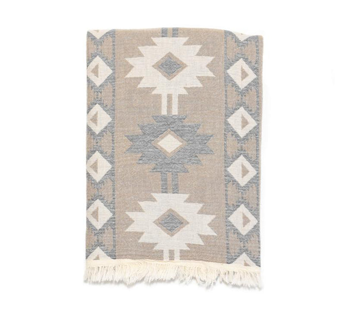 Aztec Print Double Layer Turkish Towel - Grey/Beige/Cream