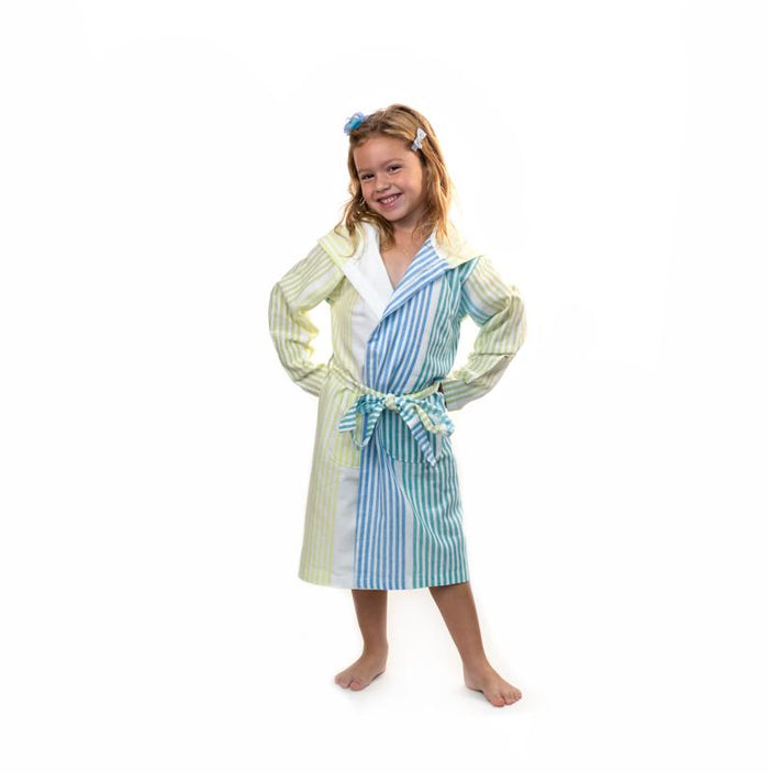 Childs Striped Turkish Towel Robe - Blue/Green