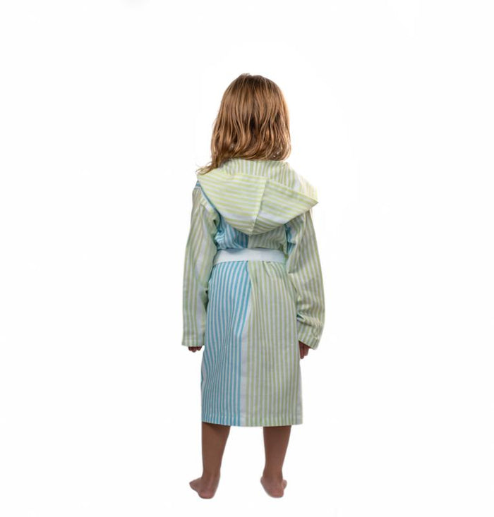 Childs Striped Turkish Towel Robe - Blue/Green