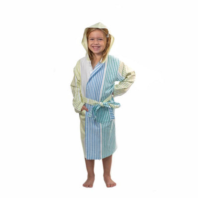 Childs Striped Turkish Towel Robe - Blue/Green