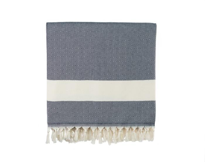Diamond Striped Woven Turkish Throw - Midnight Blue 