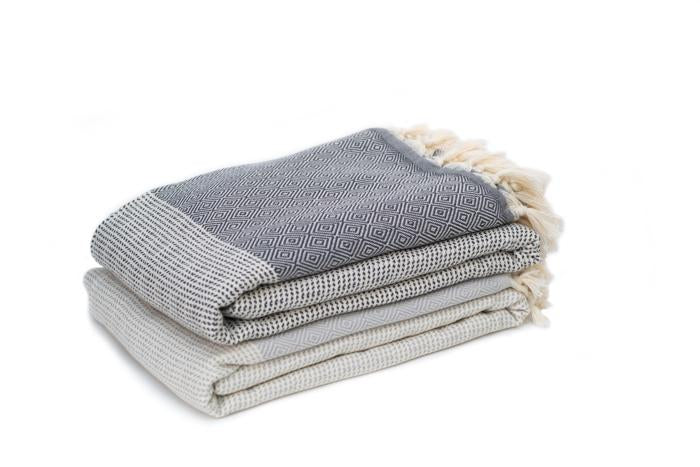 Elmas Patterned Woven Turkish Throw - Dark Grey