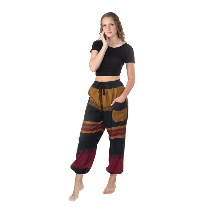 Fun Cotton Pants from Nepal - Maroon/Gold/Black
