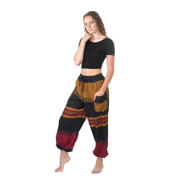 Fun Cotton Pants from Nepal - Maroon/Gold/Black