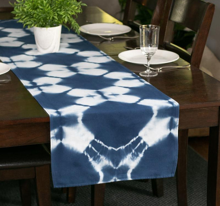 Hand Dyed Shibori Table Runner - Blue Diamond
