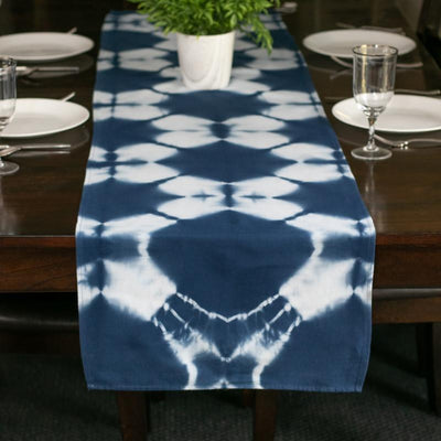 Hand Dyed Shibori Table Runner - Blue Diamond