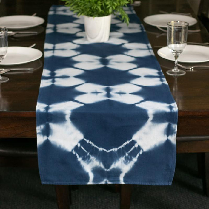 Hand Dyed Shibori Table Runner - Blue Diamond