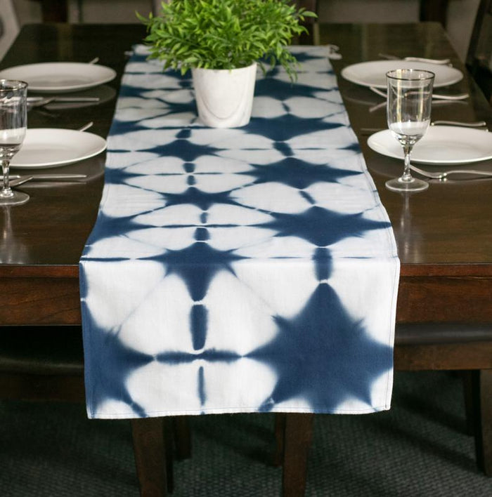 Hand Dyed Shibori Table Runner - Blue Star