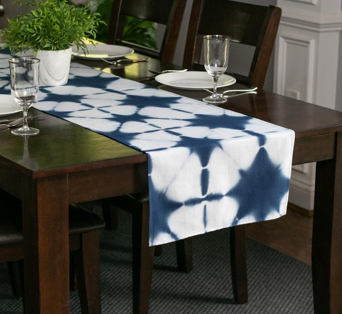 Hand Dyed Shibori Table Runner - Blue Star
