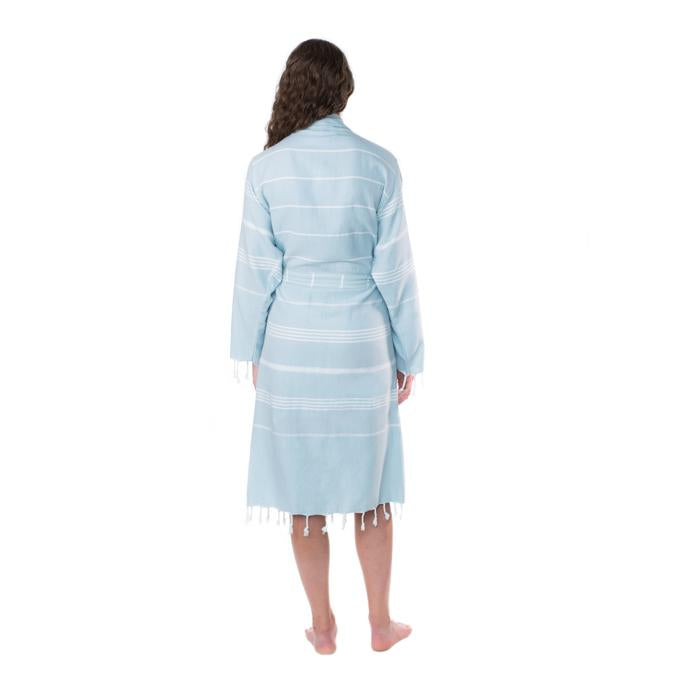 Lightweight Traditional Turkish Towel Striped Robe - Aqua (S/M)