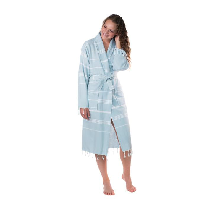 Lightweight Traditional Turkish Towel Striped Robe - Aqua (S/M)
