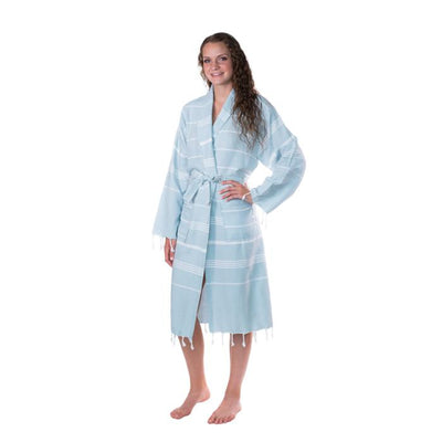 Lightweight Traditional Turkish Towel Striped Robe - Aqua (S/M)