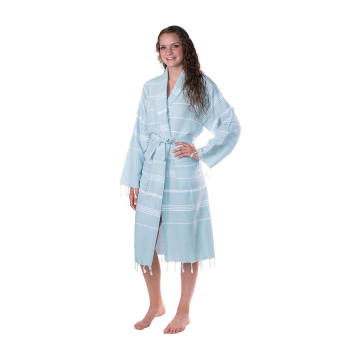 Lightweight Traditional Turkish Towel Striped Robe - Aqua (S/M)