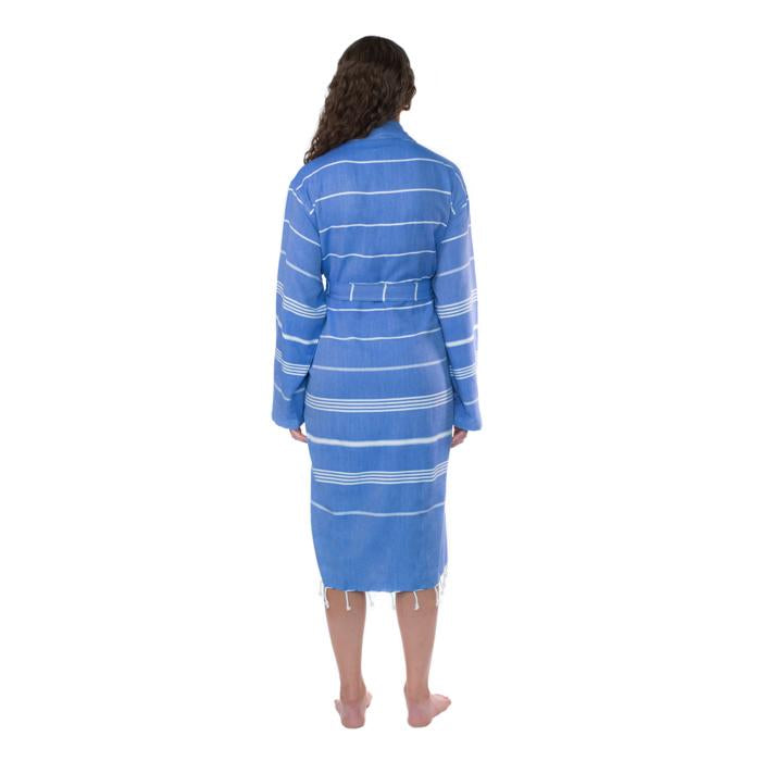 Lightweight Traditional Turkish Towel Striped Robe - Azure (S/M)