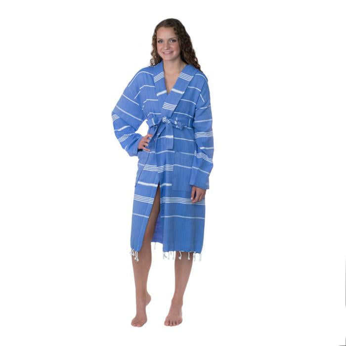 Lightweight Traditional Turkish Towel Striped Robe - Azure (S/M)