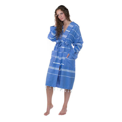 Lightweight Traditional Turkish Towel Striped Robe - Azure (S/M)