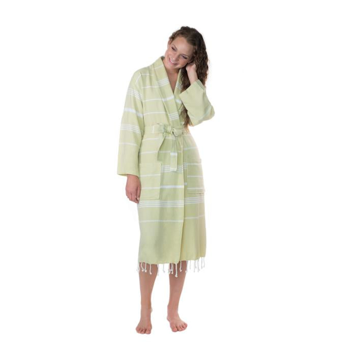 Lightweight Turkish Towel Striped Robe - Sage (S/M)