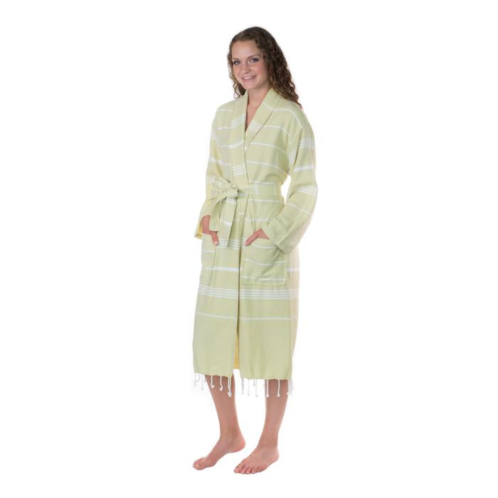 Lightweight Turkish Towel Striped Robe - Sage (S/M)