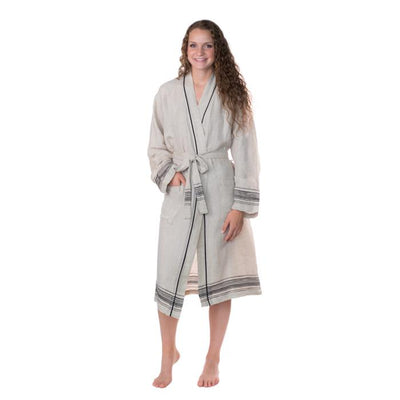 Luxury Turkish Linen Bathrobe - Natural with Black Trim