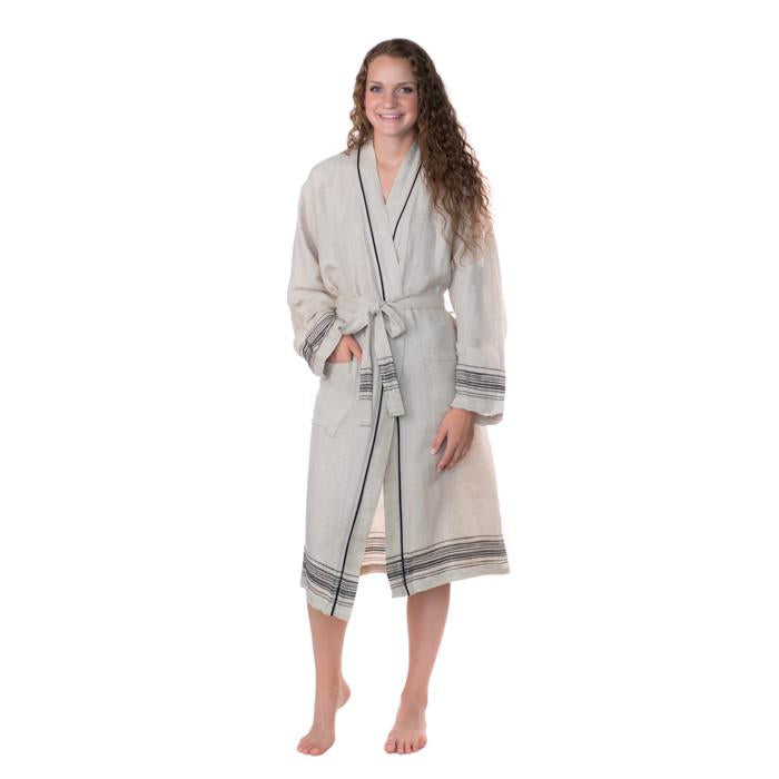 Luxury Turkish Linen Bathrobe - Natural with Black Trim