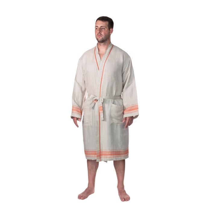 Luxury Turkish Linen Bathrobe - Natural with Orange trim