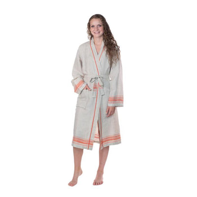Luxury Turkish Linen Bathrobe - Natural with Orange trim