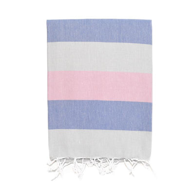 Rugby Striped Turkish Bath Towel - Putty/Denim/Rose