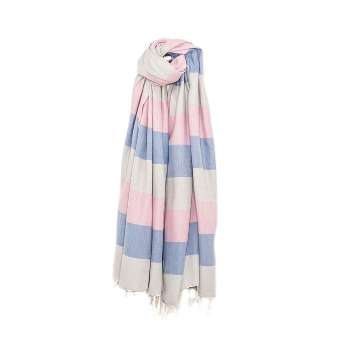 Rugby Striped Turkish Bath Towel - Putty/Denim/Rose
