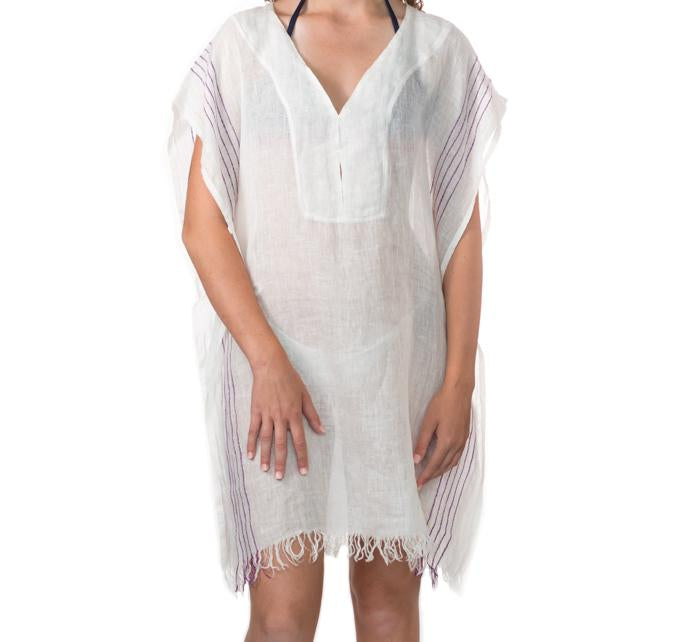 Simple Linen Cover-up from Turkey - Cream with Purple
