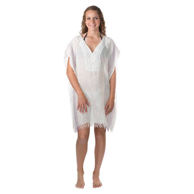 Simple Linen Cover-up from Turkey - Cream with Purple