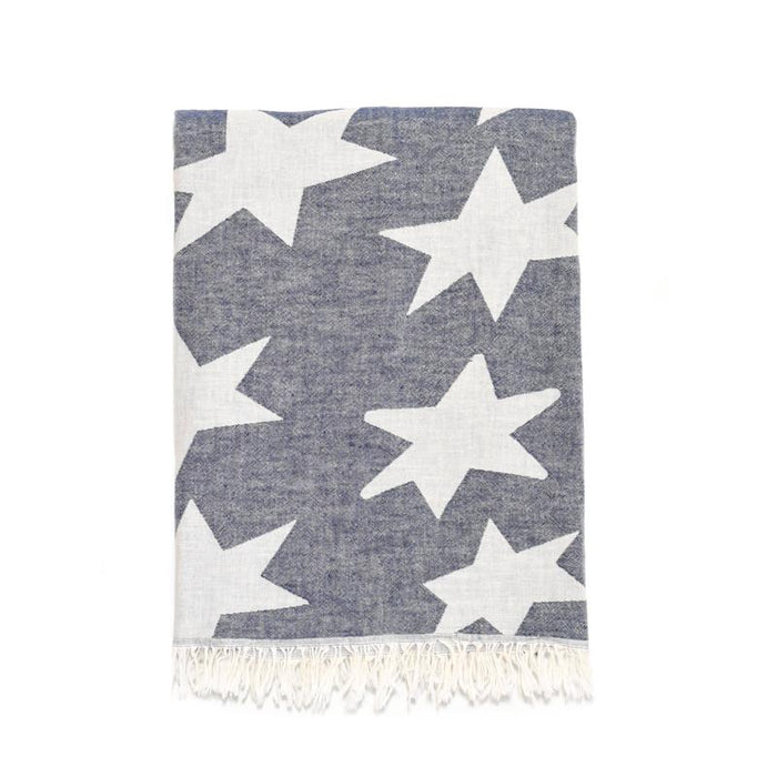 Star Print Double Layer Turkish Towel - Navy