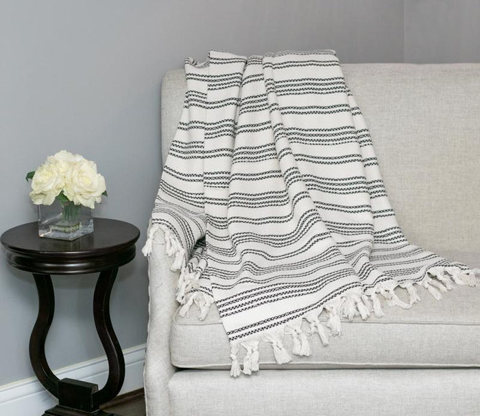 Striped Woven Turkish Throw - Cream with Black