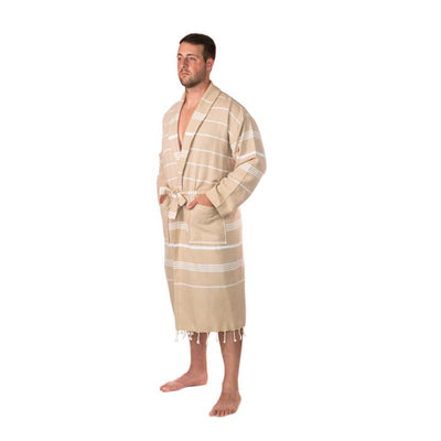 Traditional Turkish Towel Striped Robe - Camel (L/XL)
