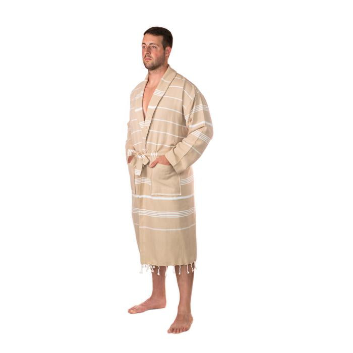 Traditional Turkish Towel Striped Robe - Camel (L/XL)