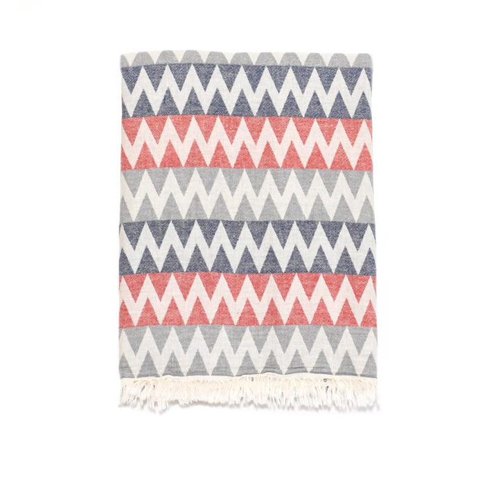 Zig Zag Double Layer Turkish Towel - Grey/Red/Navy
